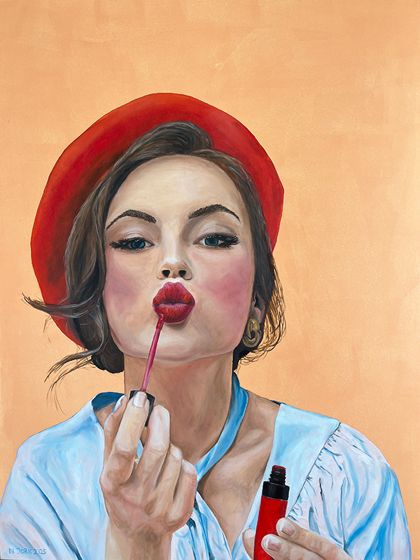 Ölgemälde Portrait Amélie, sie blickt zu uns wie in einen Spiegel und schminkt die Lippen, Farben: orange, weiß, blau, rot