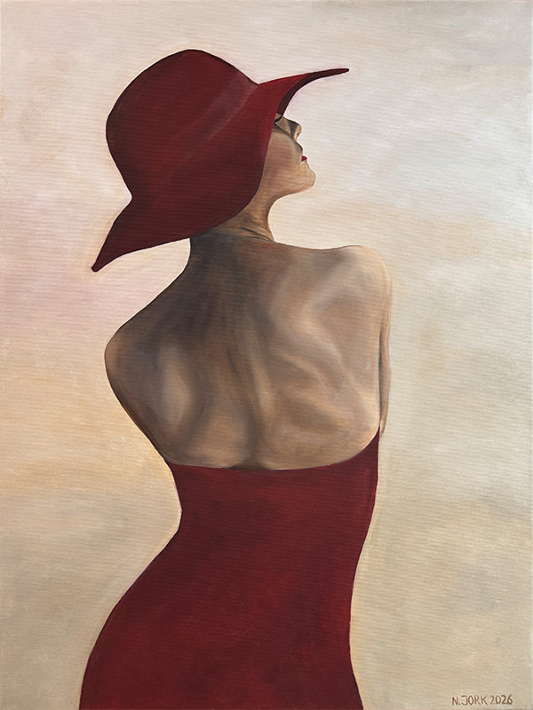 Ölgemälde einer Frau in rotem Kleid und großem Hut, Rückenansicht in eleganter Drehbewegung vor hellem neutralem Hintergrund.